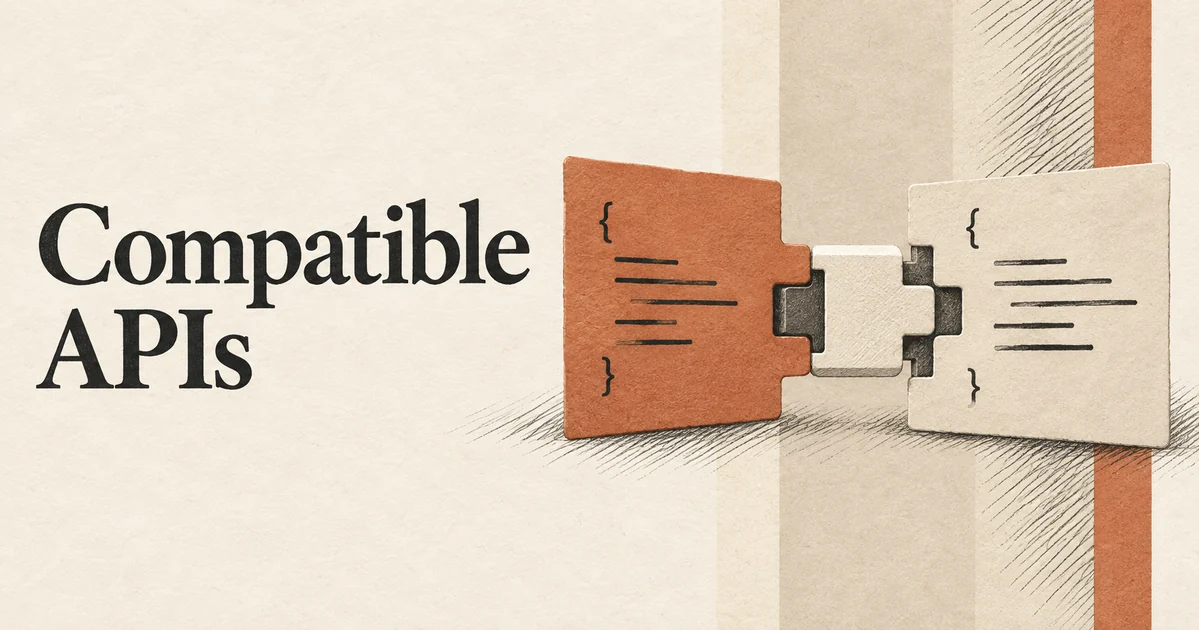 APIs compatíveis. Dois cartões de código em papel com formatos diferentes se alinhando por meio de um pequeno adaptador universal, com as bordas se encaixando perfeitamente.