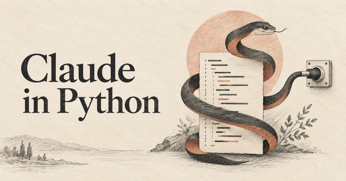 Claude in Python. Eine elegante, bandartige Schlangenkurve, die sich um eine Codeseite windet und mit einer kleinen API-Buchse verbunden ist.