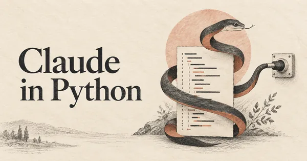 Claude in Python. Un'elegante curva serpentina simile a un nastro che avvolge una pagina di codice e si collega a una piccola presa API.
