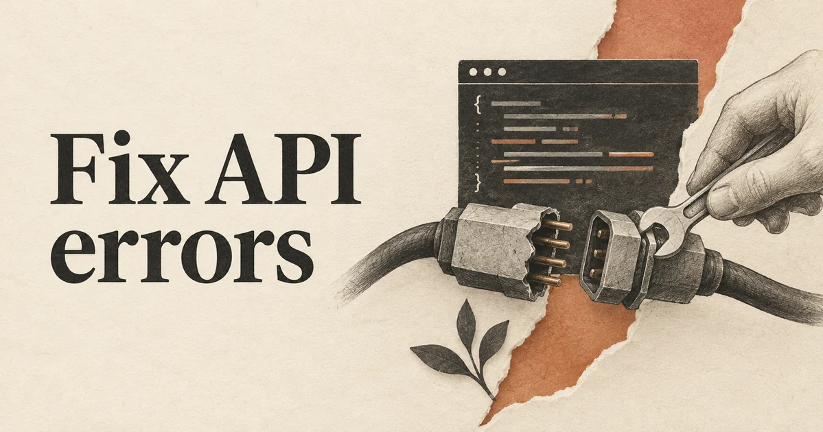 Risoluzione degli errori API. Un connettore rotto viene ricollegato con cura usando una piccola chiave inglese accanto a una finestra di codice, a rappresentare una risoluzione pratica dei problemi senza allarmismi.