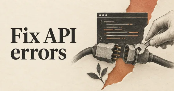 Risoluzione degli errori API. Un connettore rotto viene ricollegato con cura usando una piccola chiave inglese accanto a una finestra di codice, a rappresentare una risoluzione pratica dei problemi senza allarmismi.