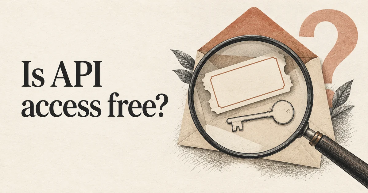L'accesso API è gratuito? Una lente d'ingrandimento esamina un biglietto d'ingresso vuoto e una sagoma a forma di chiave, suggerendo di verificare le condizioni anziché promettere crediti gratuiti.