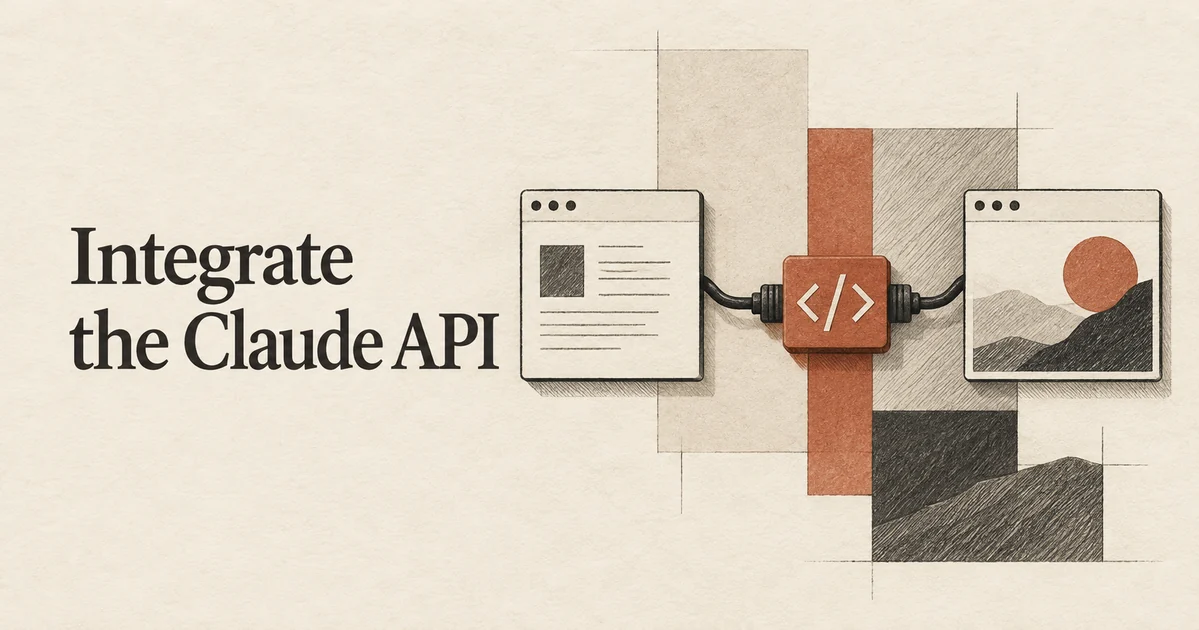 Integra l'API di Claude. Due cornici ben definite di finestre applicative collegate da un cavo che si inserisce con precisione in un adattatore centrale a forma di parentesi di codice.