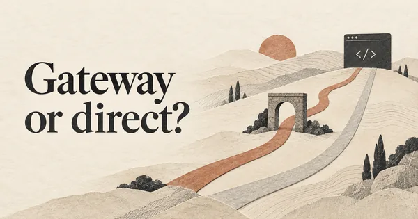 Gateway o accesso diretto? Due percorsi paralleli e lineari attraversano un paesaggio astratto verso la stessa destinazione, una finestra di codice.