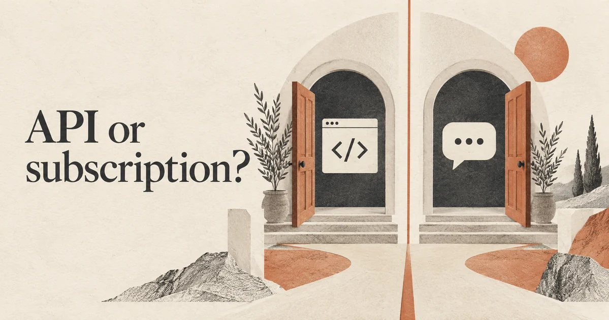 API ou abonnement ? Deux portes ouvertes équilibrées, l’une encadrant une fenêtre avec des symboles de code et l’autre une simple bulle de conversation.