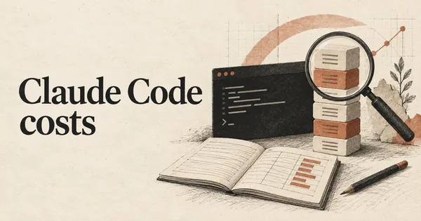 Costi di Claude Code. Una finestra di terminale accanto a una pila misurata di blocchi di token e a un registro contabile aperto.