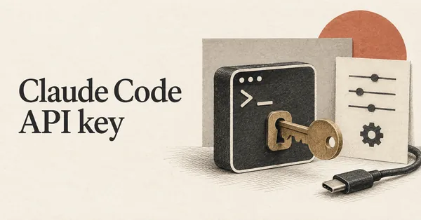 Chiave API di Claude Code. Una piccola chiave fisica inserita in una serratura a forma di terminale, con un pannello delle impostazioni ordinato e un breve cavo accanto.