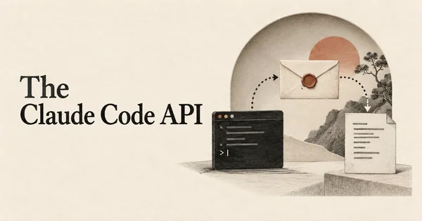 L'API di Claude Code. Una finestra di terminale collegata a una busta sigillata contenente una richiesta e a una pagina di risposta ordinata, che mostra il flusso nascosto delle richieste dietro una sessione di programmazione.