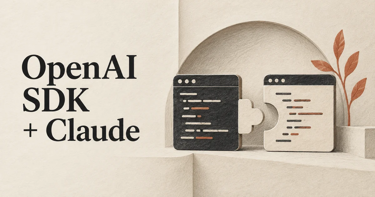 SDK OpenAI + Claude. Due connettori fisici dalle forme complementari collegano una finestra di codice a un'altra, una chiara metafora della compatibilità degli SDK.