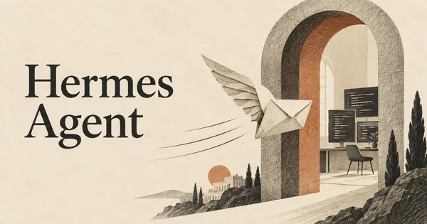 Hermes Agent. Un messaggio di carta piegato a forma di ala attraversa un piccolo arco di accesso verso uno spazio di lavoro ordinato per il codice, una metafora dell'instradamento degli agenti.