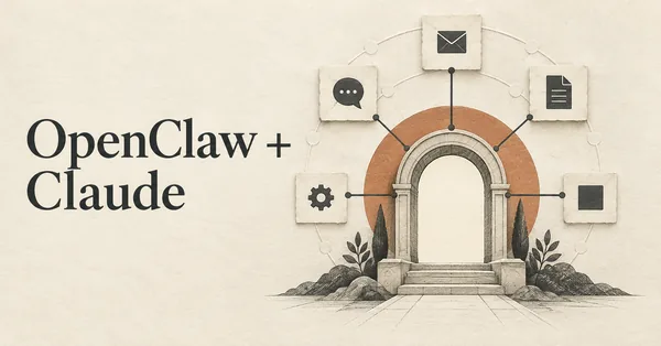 OpenClaw + Claude. Un elegante hub gateway centrale con diversi sottili collegamenti a raggiera verso piccole schede di chat e strumenti.
