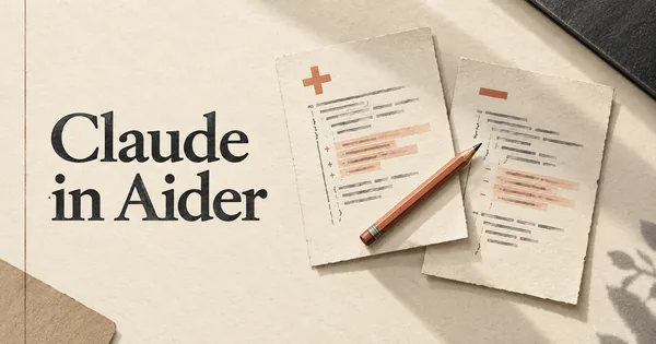 Claude in Aider. Due pagine di codice sorgente sovrapposte, una con un discreto segno più e una con un segno meno, collegate da una piccola matita.
