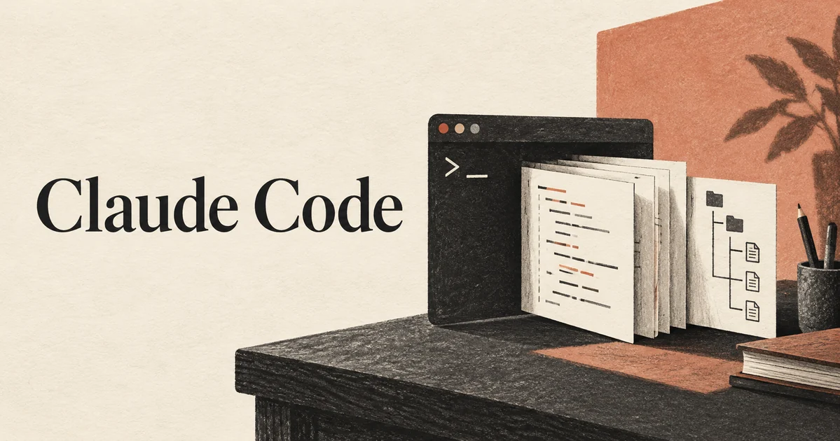 Claude Code. Une fenêtre de terminal compacte s’ouvre sur une pile ordonnée de feuilles de code source et une petite arborescence de projet.