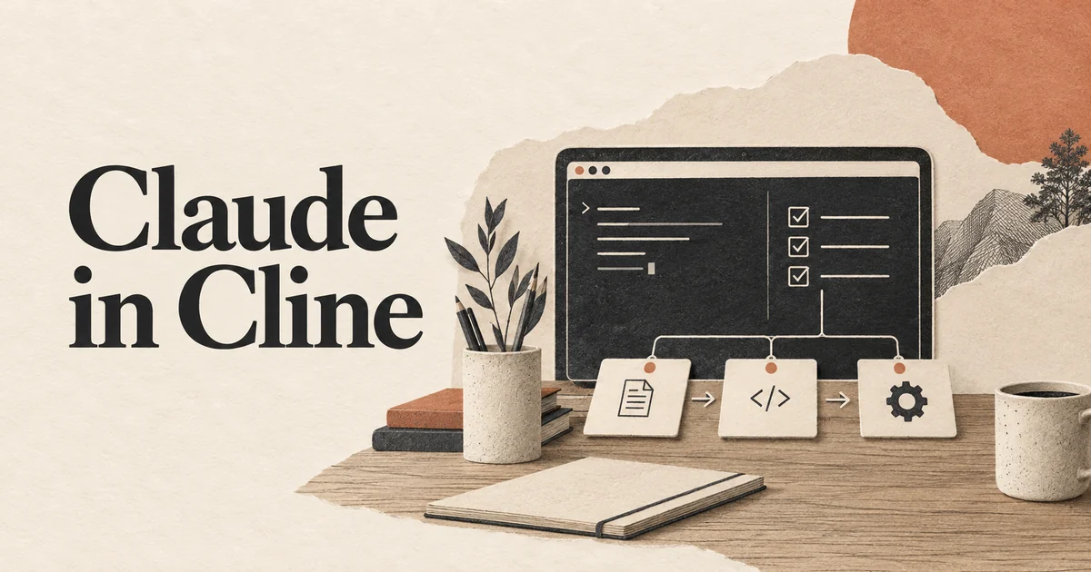 Claude in Cline. Un terminale e una checklist di pianificazione collegati a un banco di lavoro ordinato con tre piccole schede di attività, che mostrano un flusso di programmazione autonomo.