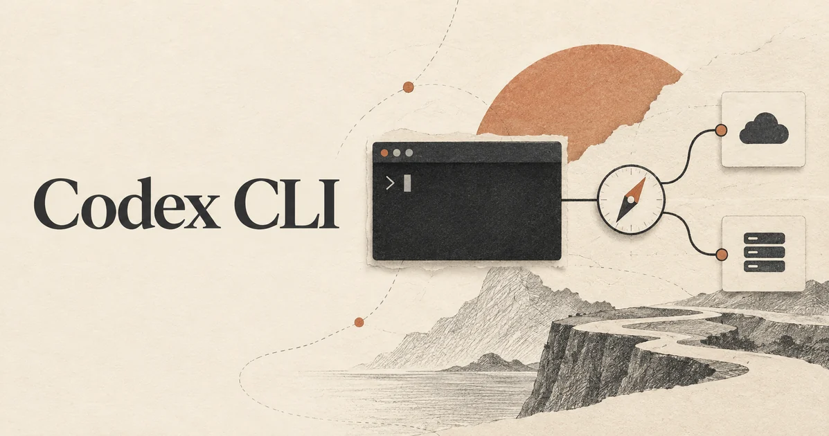 Codex CLI. Một cửa sổ terminal màu xám than nối với một núm định tuyến nhỏ giống la bàn và hai thẻ nhà cung cấp được tách biệt gọn gàng.