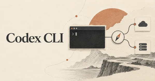Codex CLI. Una finestra di terminale color antracite collegata a un piccolo selettore di instradamento simile a una bussola e a due schede provider ben separate.