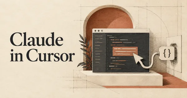 Claude in Cursor. Un'elegante finestra di editor di codice con un grande puntatore disegnato a mano che seleziona un piccolo blocco di codice, collegata a un connettore API di carta.
