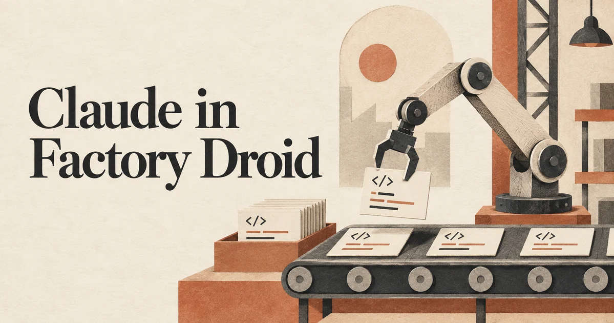 Claude no Factory Droid. Um pequeno braço mecânico de montagem sem rosto organizando cartões de código em uma esteira ordenada, representando o trabalho de desenvolvimento automatizado.