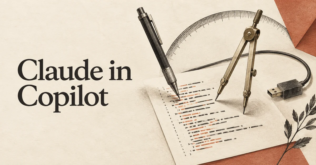 Claude in Copilot. Due eleganti strumenti da disegno lavorano fianco a fianco su un foglio di codice, con un piccolo connettore API esterno, a suggerire la programmazione collaborativa.
