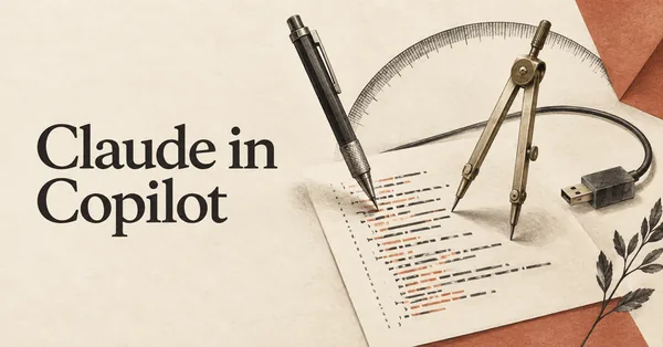 Claude in Copilot. Due eleganti strumenti da disegno lavorano fianco a fianco su un foglio di codice, con un piccolo connettore API esterno, a suggerire la programmazione collaborativa.