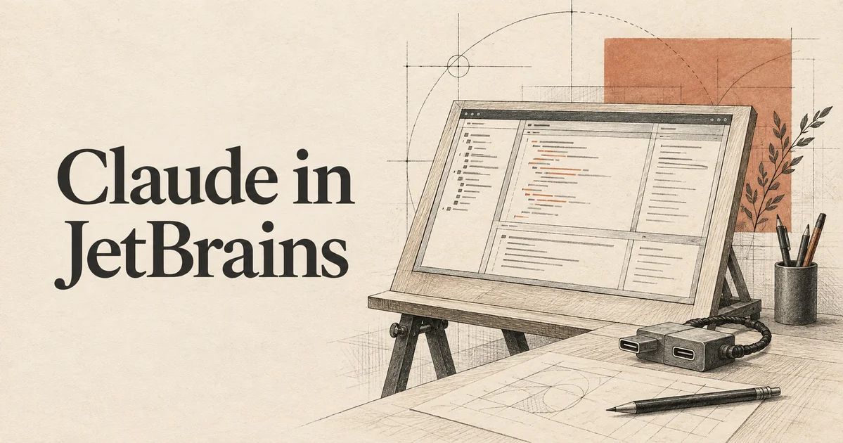 Claude trong JetBrains. Một bàn vẽ kỹ thuật chính xác với khung trình soạn thảo lớn gồm nhiều ngăn và một đầu nối API nhỏ có thể thay thế bên cạnh.