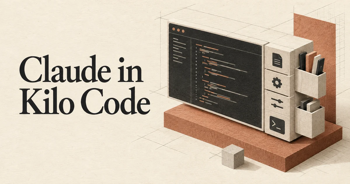 Claude no Kilo Code. Uma bancada de trabalho modular de código com um painel de editor compacto e um conjunto de blocos de ferramentas encaixados com precisão em uma das laterais.