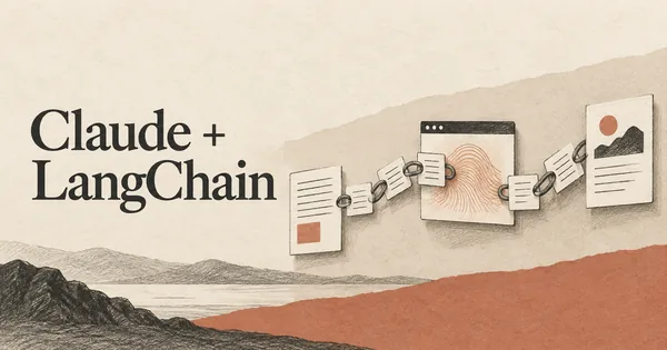 Claude + LangChain. Una sequenza di anelli di catena disegnati a mano, composti da piccole schede di documenti, che collegano un foglio con un prompt a una finestra del modello e a un risultato finale.