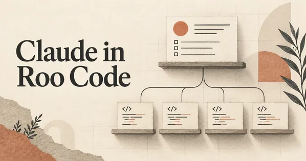 Claude in Roo Code. Una scheda centrale di pianificazione si dirama in diverse schede più piccole dedicate al lavoro sul codice, ciascuna su un ripiano ordinato, a rappresentare sottoattività orchestrate.