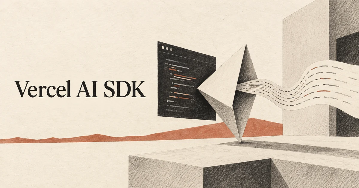 Vercel AI SDK. Una struttura triangolare di carta piegata che collega una finestra di codice a un nastro fluido di segni simili al testo di una risposta, rappresentando l'output in streaming dell'applicazione.