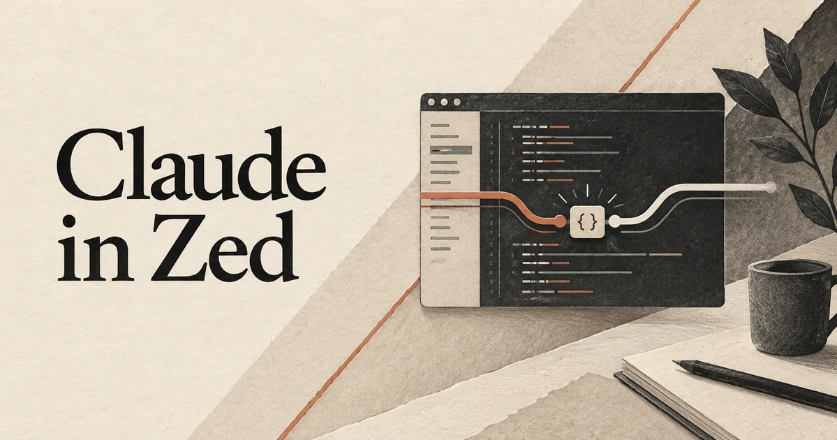 Claude in Zed. Una finestra di editor di codice aperta attraversata da due percorsi paralleli rapidi e lineari che si incontrano in un piccolo connettore API.